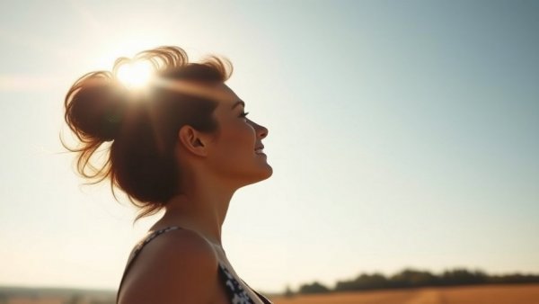 Woman experiencing midlife crisis transformation, embracing sunlight.