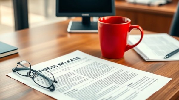 Press release on desk with glasses and coffee cup, focusing on communication.