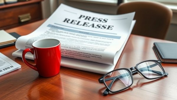 Press release on wooden desk with red coffee cup, glasses.