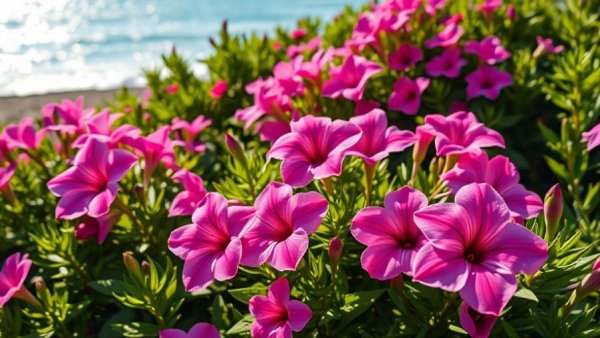 Vibrant flowers in a coastal garden by the sea.