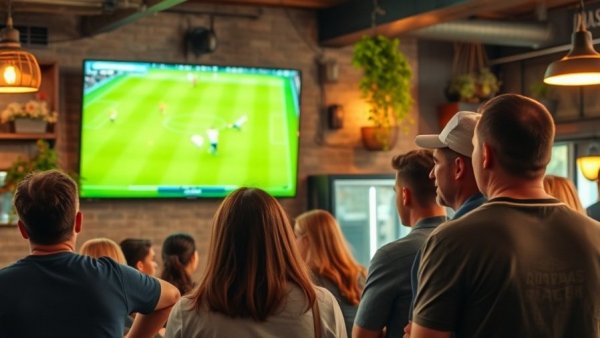 Sports fans watching soccer game on TV in a bar, DraftKings Stock Investment Insights.
