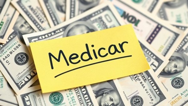 Sticky note with 'Medicare' on a pile of hundred-dollar bills, illustrating Medicare outpatient payment increase.