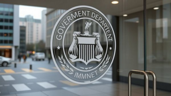 Department of Health and Human Services logo on glass door reflecting cityscape.