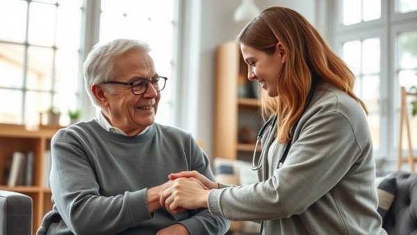 Caring young woman helping elderly in sunny room, illustrating senior care crisis.