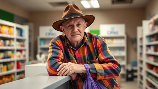 Elderly man at pharmacy counter amid rising Medicare premiums 2026.