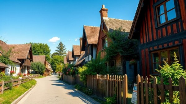 Charming suburban street with houses and greenery, neighbor disputes theme
