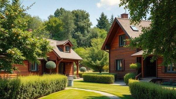 Charming rural scene with houses and lush greenery, lawn care Shelby MI.