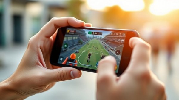 Close-up of a smartphone with a mobile game in bright sunlight, outdoors.