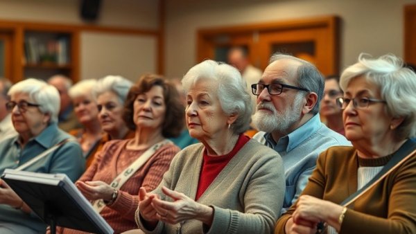 Elderly participants attending a music therapy session in a warm community setting.