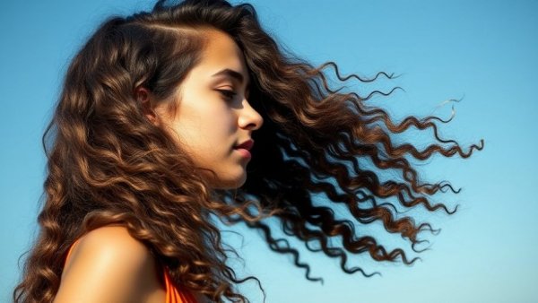 Young woman with curly hair in wind, how to treat dry scalp in winter.
