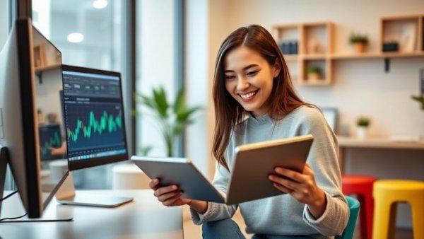 Smiling woman analyzing stock data in home office, SoundHound AI investment opportunity.