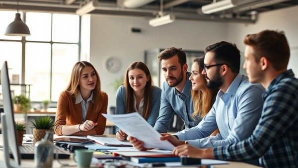 Engaged team discusses investment in a modern office.