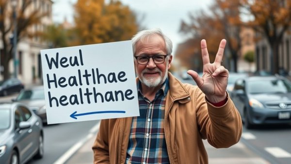 Healthcare protester in Muskegon advocating for Medicare choices.