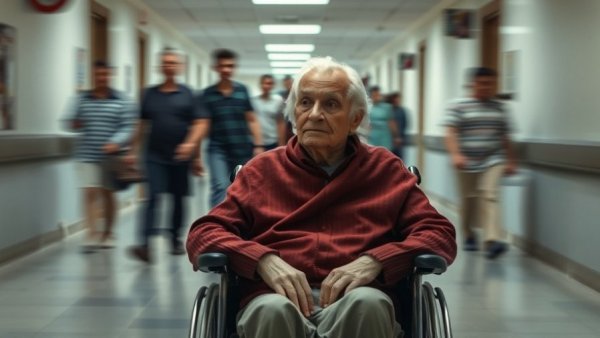 Elderly person in wheelchair facing senior care challenges in a hospital.