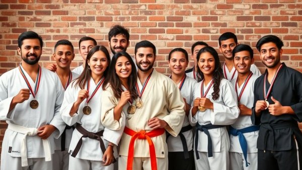 Group of martial arts students with medals in Gurnee class.