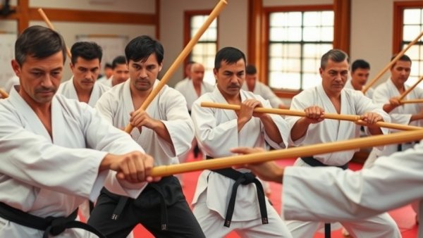 Karate lessons in Gurnee with focused group practicing with wooden staffs in dojo