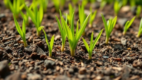 Close-up of fresh grass shoots for winter seeding lawn care.