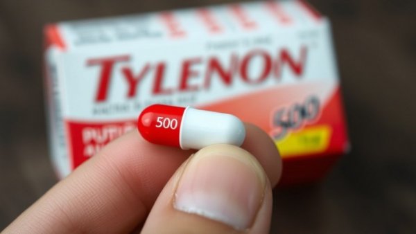 Close-up of Tylenol capsule held in hand.