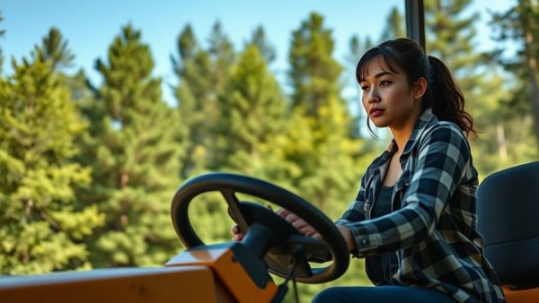 Female arborist in Essex operating machine in forest