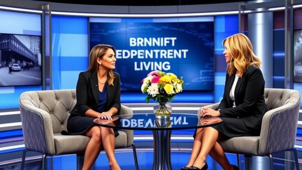 Women discussing seniors' independent housing options in a news studio.