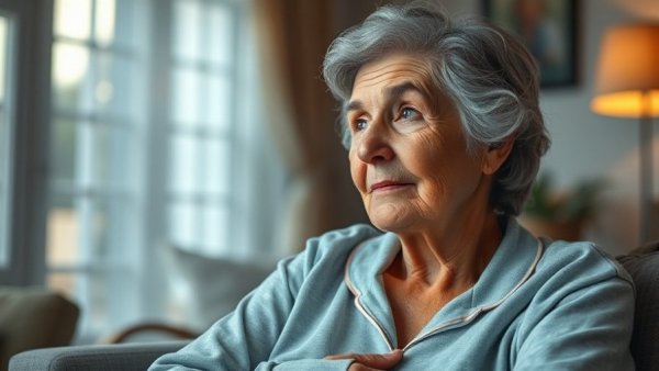 Elderly woman indoors, reflective expression, Alzheimer's focus.
