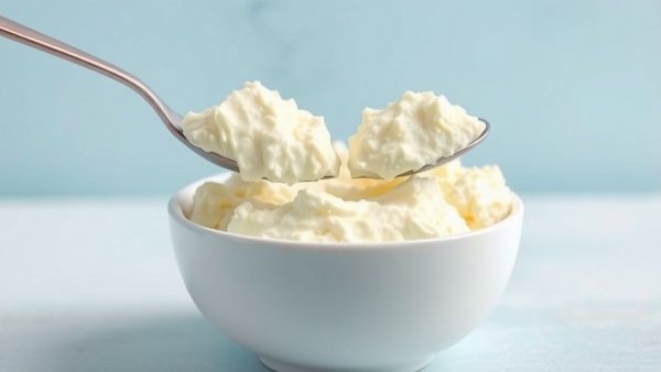 Creamy cottage cheese in bowl for seniors, spoon scooping.