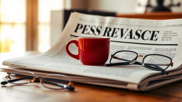 Press release with coffee and glasses on a desk.