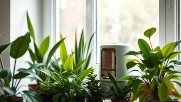 Humidifier with indoor plants by window, winter humidity tips.