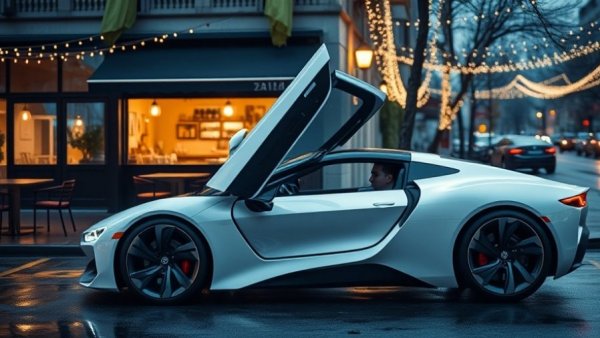 Futuristic Tesla model on wet street, young man getting out, cinematic night scene.