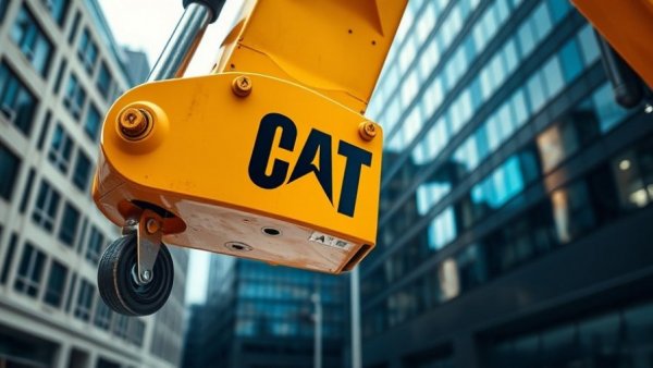 Yellow CAT excavator arm in urban setting, Caterpillar performance 2025.