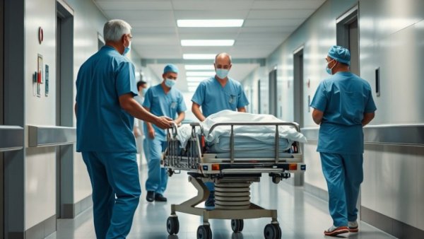 Medical staff moving patient in hospital corridor related to site-neutral Medicare payments.