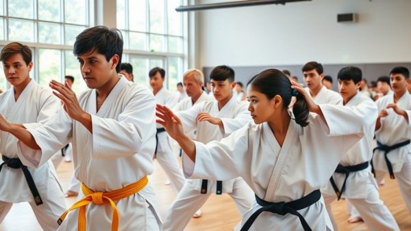 Martial arts classes in Gurnee with students practicing forms in bright studio.