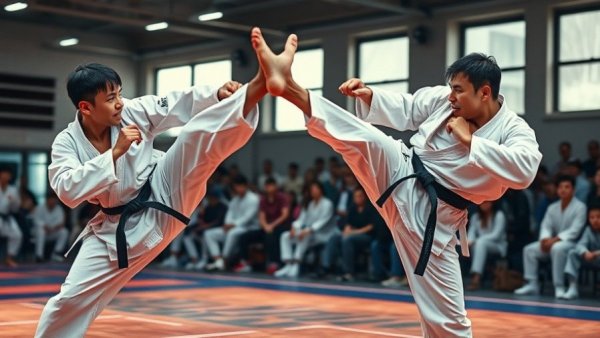 Karate athletes mid-kick in a dynamic match, Karate classes Gurnee.