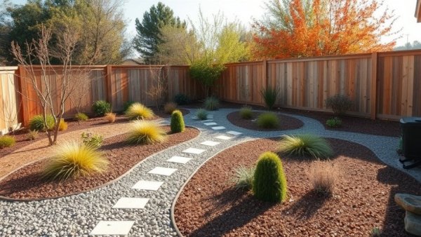 Well-designed native plant landscaping with gravel paths and wooden fencing.