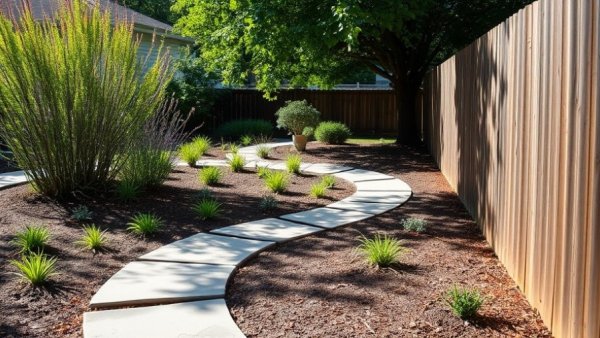 Native plant landscaping with stone path and wooden fence.