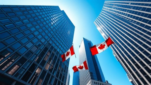 View of skyscrapers with Canadian flags in Alberta dual-practice health model context.