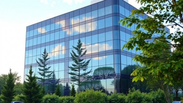 Modern corporate office building reflecting trees and sky, related to long-term health coverage Muskegon.