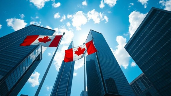 Canadian flags waving in front of skyscrapers under blue sky