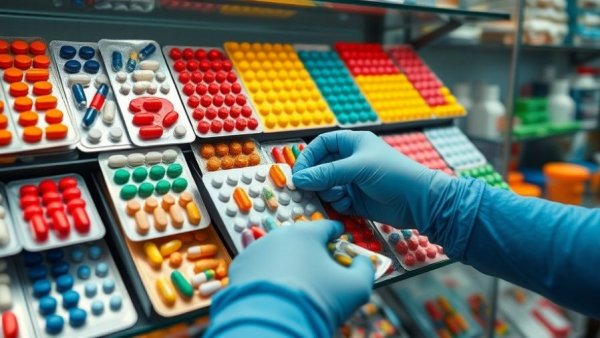 Pharmacy setting with various medications representing national drug plan in Canada.