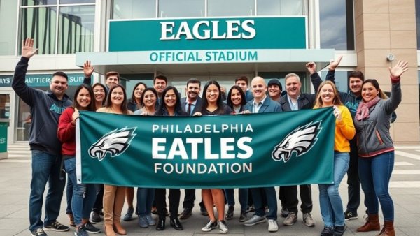 Group holding banner at Eagles Autism Foundation Super Bowl LIX ring sweepstakes event.