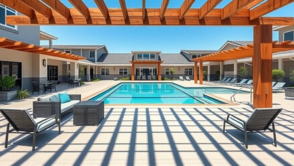 Affordable senior living options in San Antonio featuring a poolside view.
