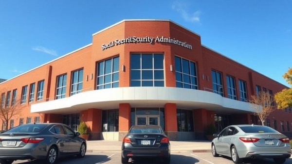Social Security Administration building front with parked cars, sunny day.