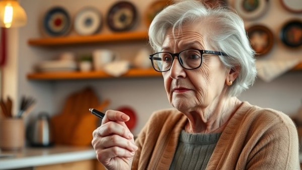 Elderly woman living off Social Security benefits, thoughtful in kitchen.