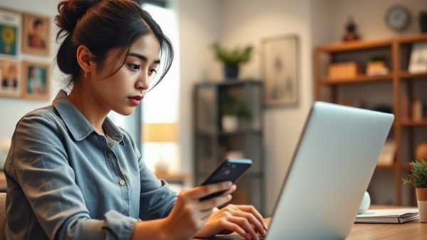 Focused young woman analyzing Vanguard ETFs for retirement on laptop.
