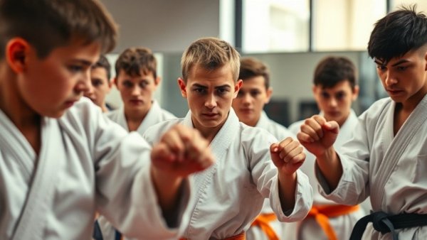 Karate students in dojo, practicing moves. Learn karate in Macao.