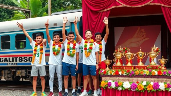 Korba athletes celebrate at karate championship with victory signs and garlands.