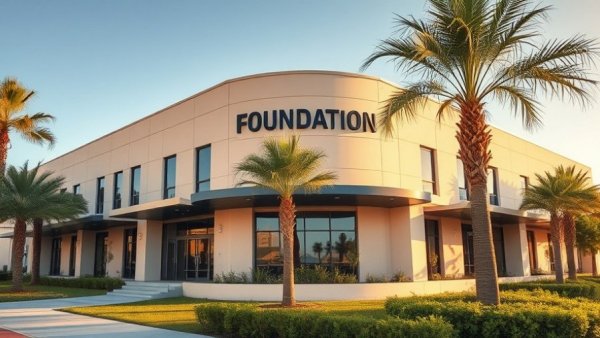 Modern building entrance with foundation sign, warm light, trimmed landscape.