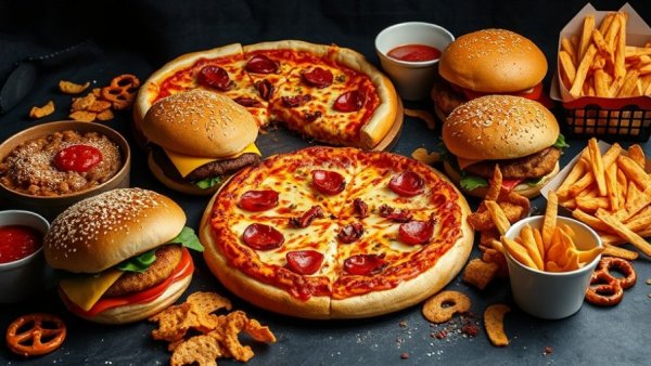 Reducing ultra-processed foods benefits seniors: diverse food spread.