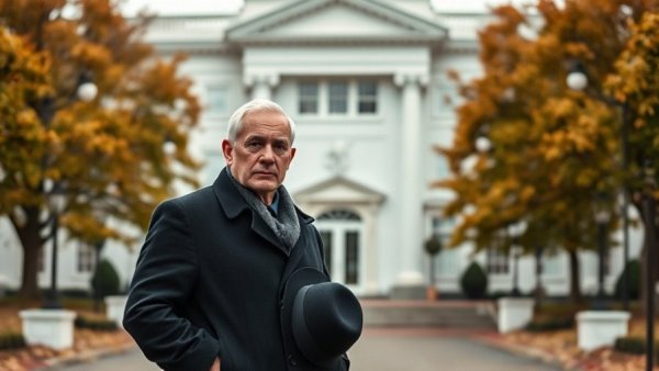 A solemn older man outdoors near a historic white building with autumn foliage.