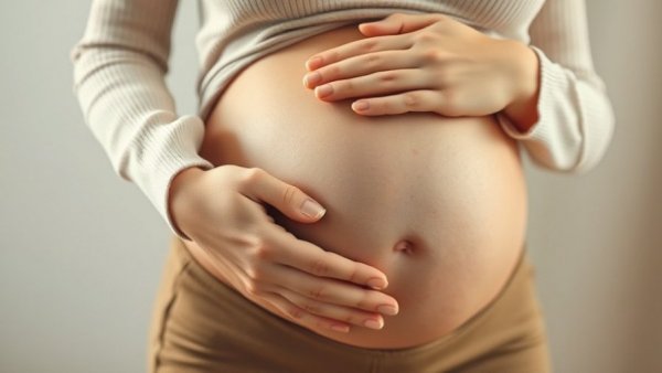 Pregnant woman holding her belly, maternal health focus.
